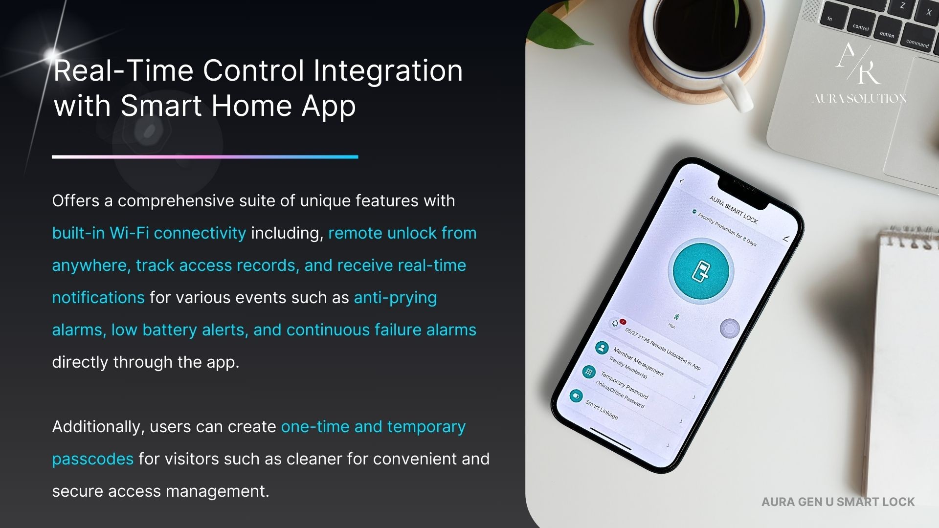 AURA GEN U smart lock with compact design, fingerprint and PIN access, featuring built-in 1080p HD Cat Eye Camera for real-time video monitoring on Malaysian homes.