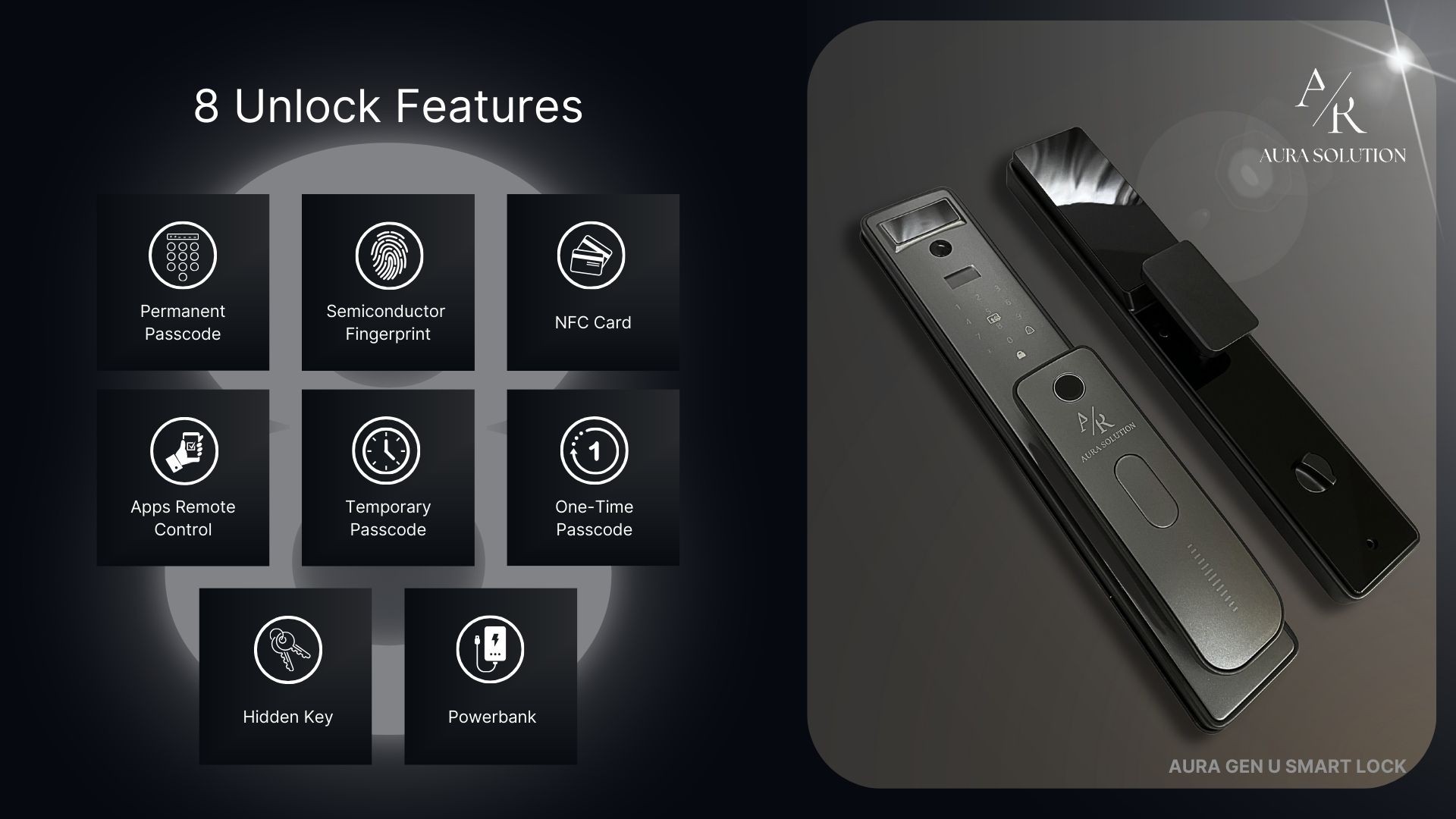 AURA GEN U smart lock with compact design, fingerprint and PIN access, featuring built-in 1080p HD Cat Eye Camera for real-time video monitoring on Malaysian homes.