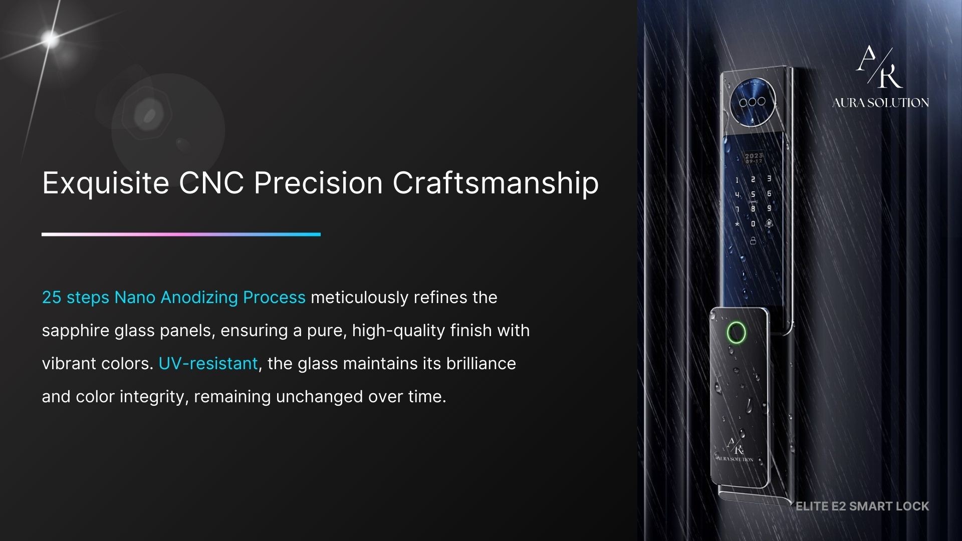 AURA ELITE E2 smart lock with ultra-sleek CNC stainless steel design, featuring FaceSense 2.0 3D facial recognition and real-time CCTV, installed on a modern Malaysian home door.