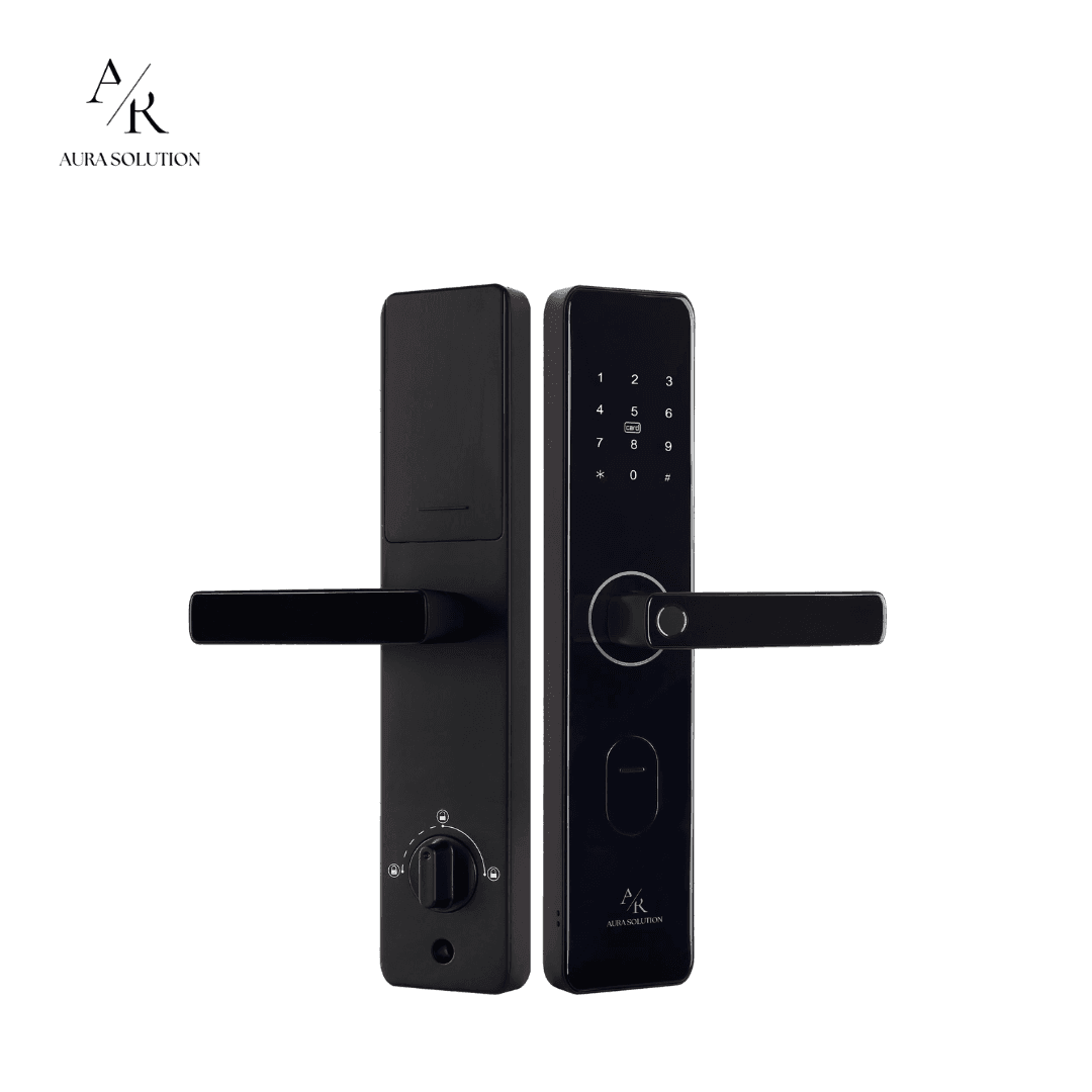 AURA Fortress F1 smart lock designed for property management with multi-user access control and keyless entry, installed on a Malaysian apartment door.