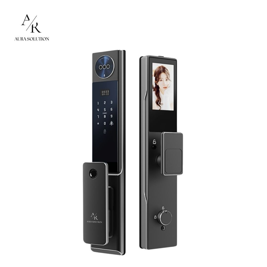 AURA ELITE E2 smart lock with ultra-sleek CNC stainless steel design, featuring FaceSense 2.0 3D facial recognition and real-time CCTV, installed on a modern Malaysian home door.