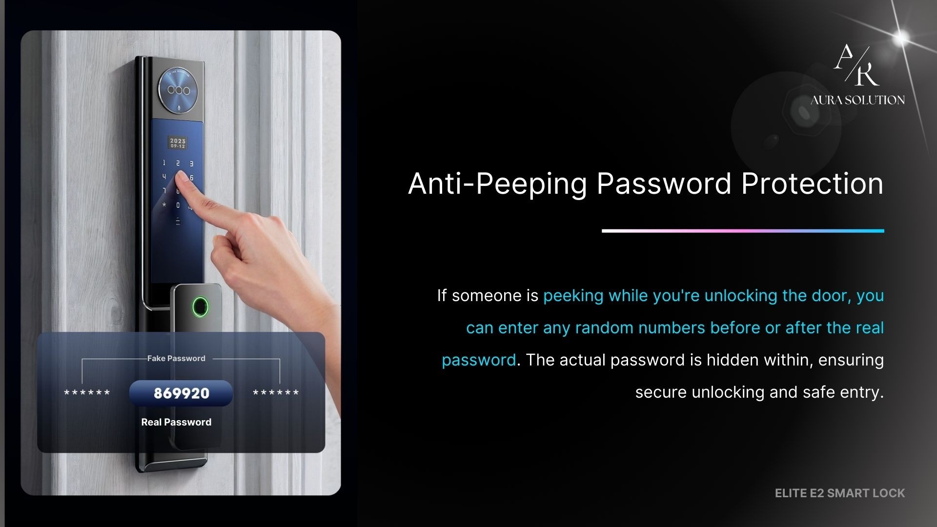 AURA ELITE E2 smart lock with ultra-sleek CNC stainless steel design, featuring FaceSense 2.0 3D facial recognition and real-time CCTV, installed on a modern Malaysian home door.