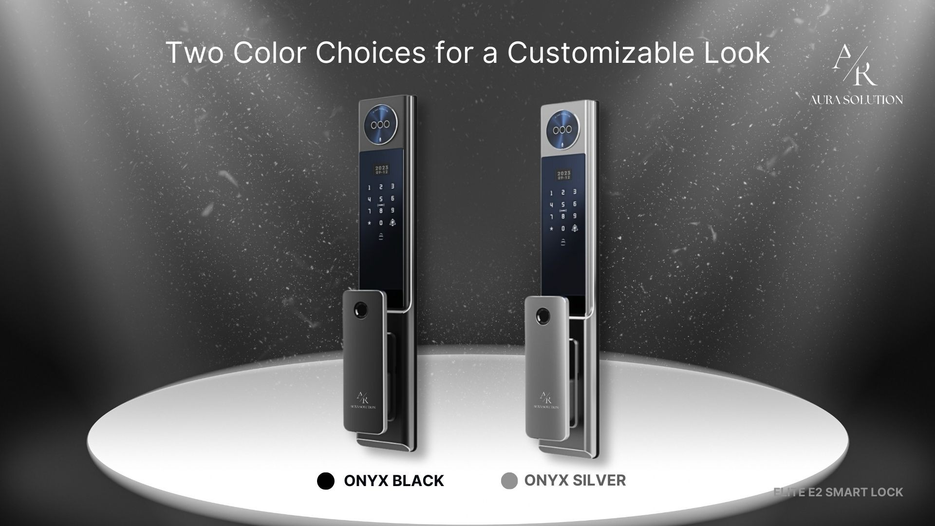 AURA ELITE E2 smart lock with ultra-sleek CNC stainless steel design, featuring FaceSense 2.0 3D facial recognition and real-time CCTV, installed on a modern Malaysian home door.