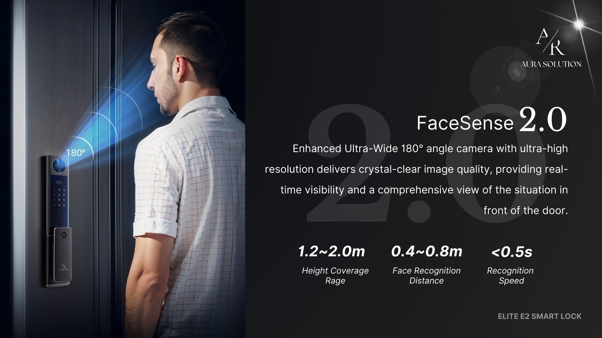 AURA ELITE E2 smart lock with ultra-sleek CNC stainless steel design, featuring FaceSense 2.0 3D facial recognition and real-time CCTV, installed on a modern Malaysian home door.
