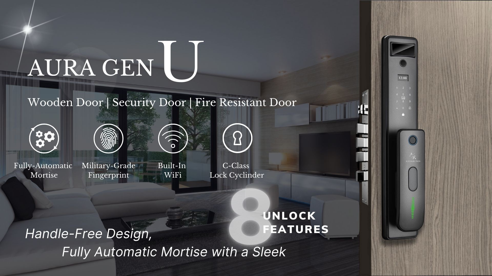 AURA GEN U smart lock with compact design, fingerprint and PIN access, featuring built-in 1080p HD Cat Eye Camera for real-time video monitoring on Malaysian homes.