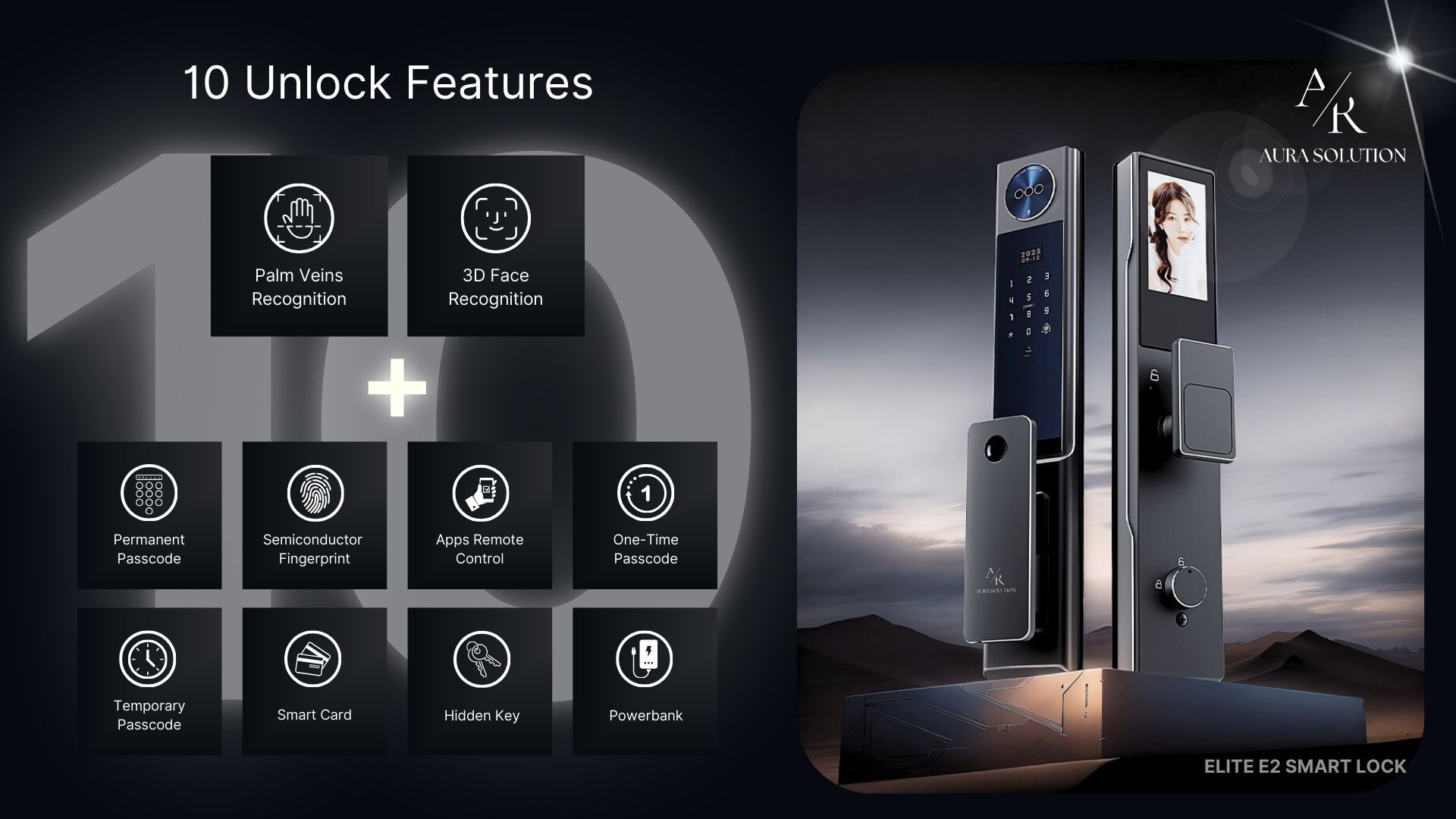 AURA ELITE E2 smart lock with ultra-sleek CNC stainless steel design, featuring FaceSense 2.0 3D facial recognition and real-time CCTV, installed on a modern Malaysian home door.
